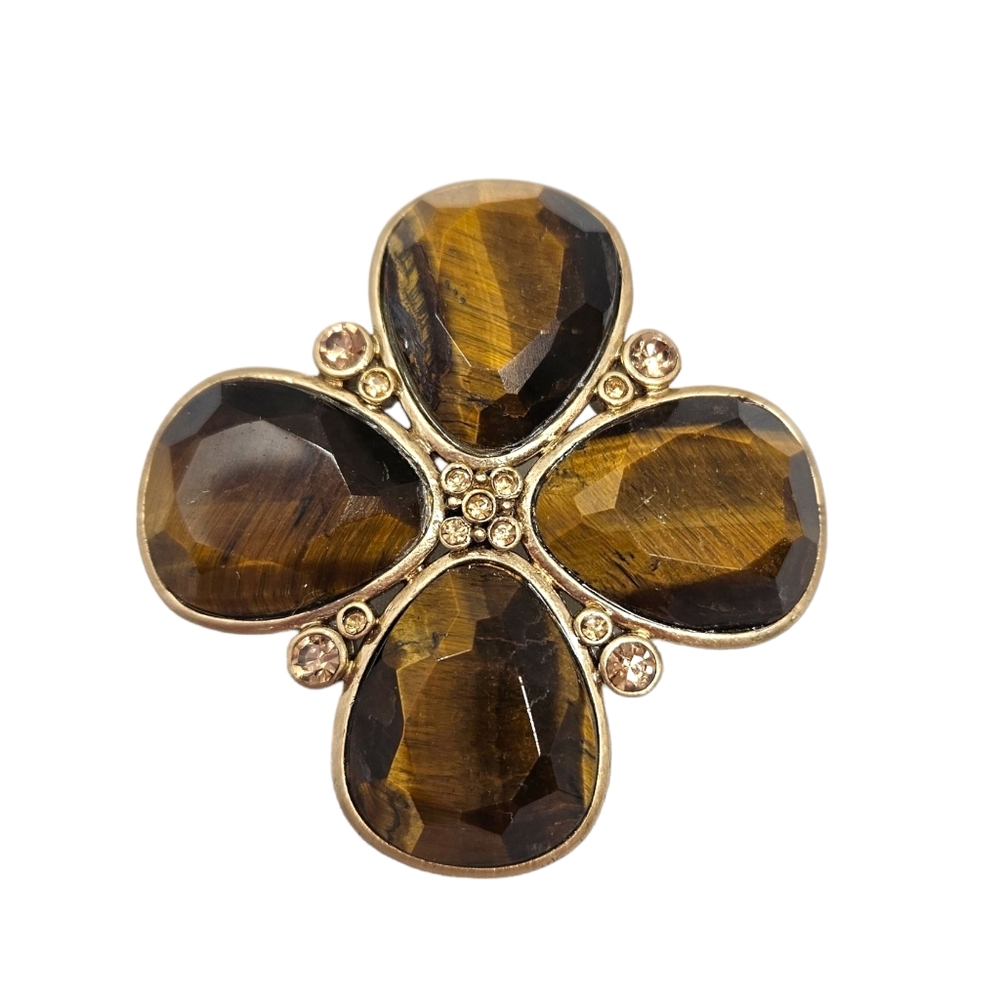 Ellen Tracy Brooch Gold Brown Tone Rhinestone Signed